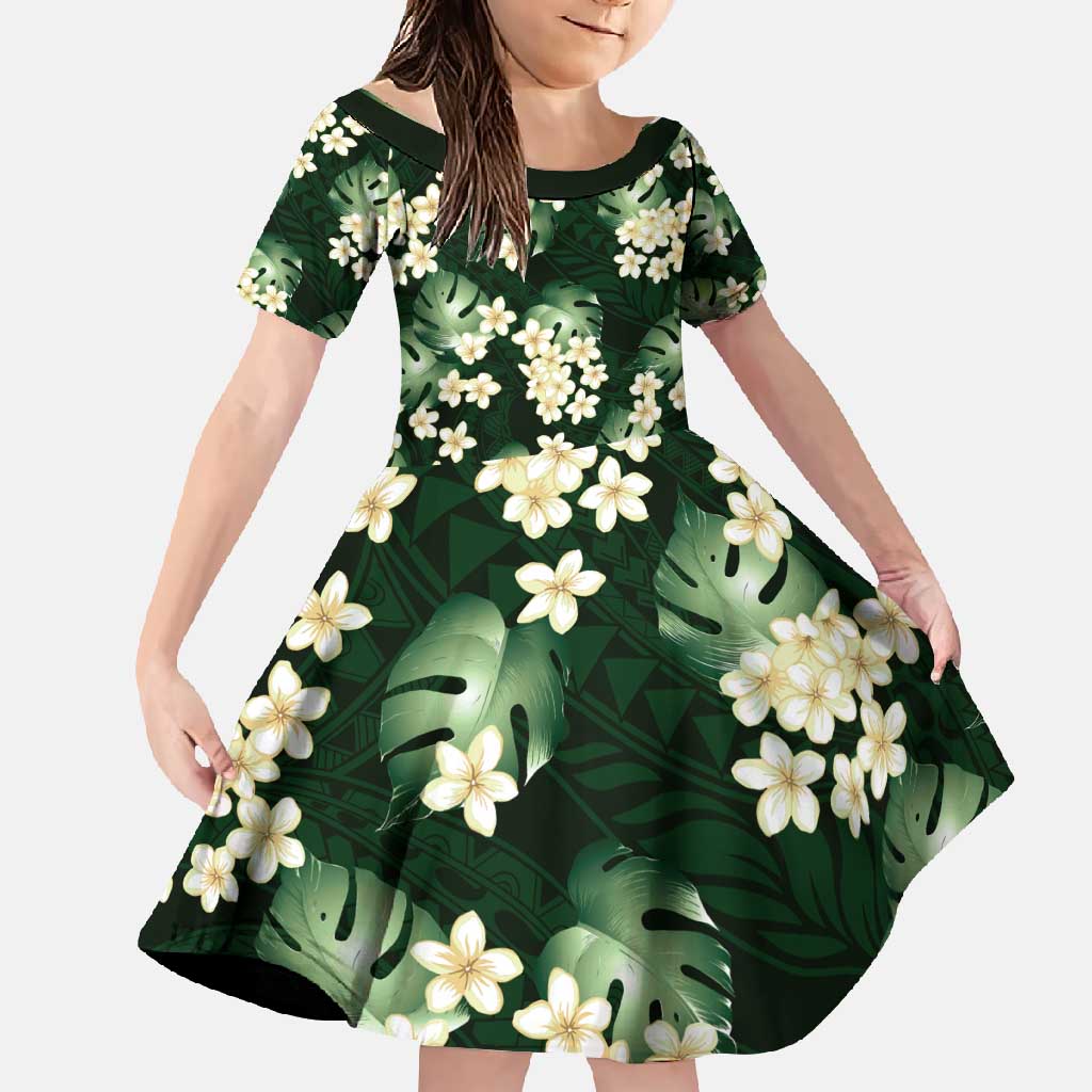 Green Tropical Hawaii Family Matching Off Shoulder Maxi Dress and Hawaiian Shirt Seamless Monstera Plumeria Hawaiian Pattern - Polynesian Pride