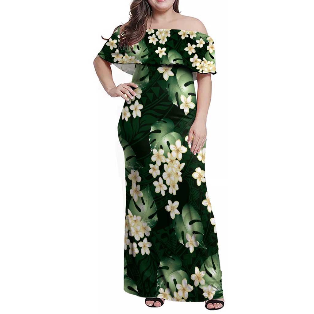 Green Tropical Hawaii Family Matching Off Shoulder Maxi Dress and Hawaiian Shirt Seamless Monstera Plumeria Hawaiian Pattern - Polynesian Pride