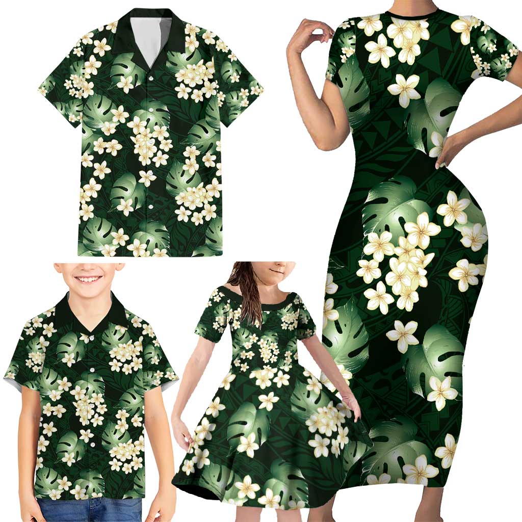 Green Tropical Hawaii Family Matching Short Sleeve Bodycon Dress and Hawaiian Shirt Seamless Monstera Plumeria Hawaiian Pattern - Polynesian Pride