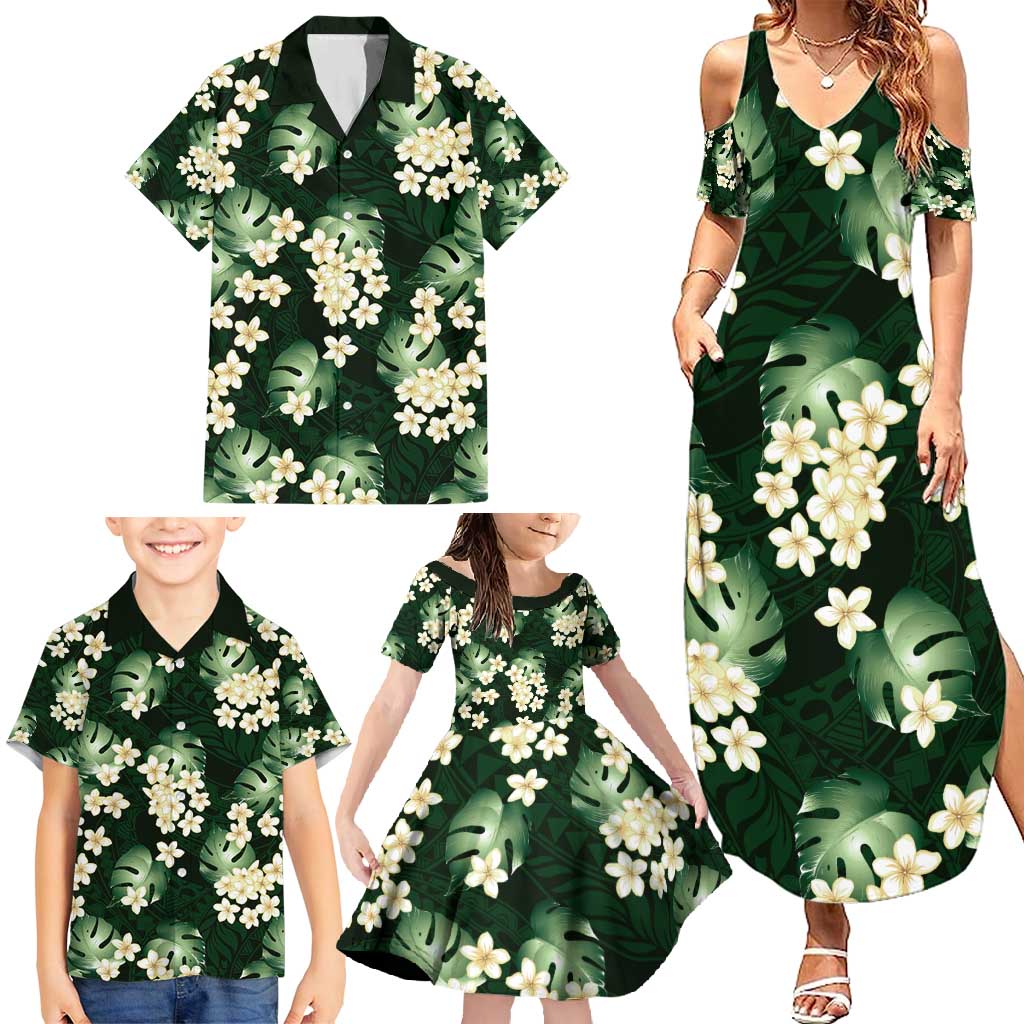Green Tropical Hawaii Family Matching Summer Maxi Dress and Hawaiian Shirt Seamless Monstera Plumeria Hawaiian Pattern - Polynesian Pride