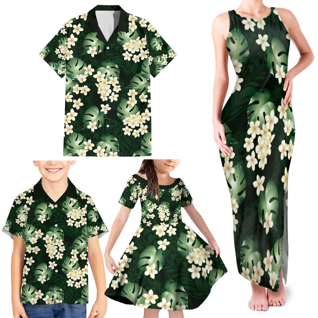 Green Tropical Hawaii Family Matching Tank Maxi Dress and Hawaiian Shirt Seamless Monstera Plumeria Hawaiian Pattern - Polynesian Pride