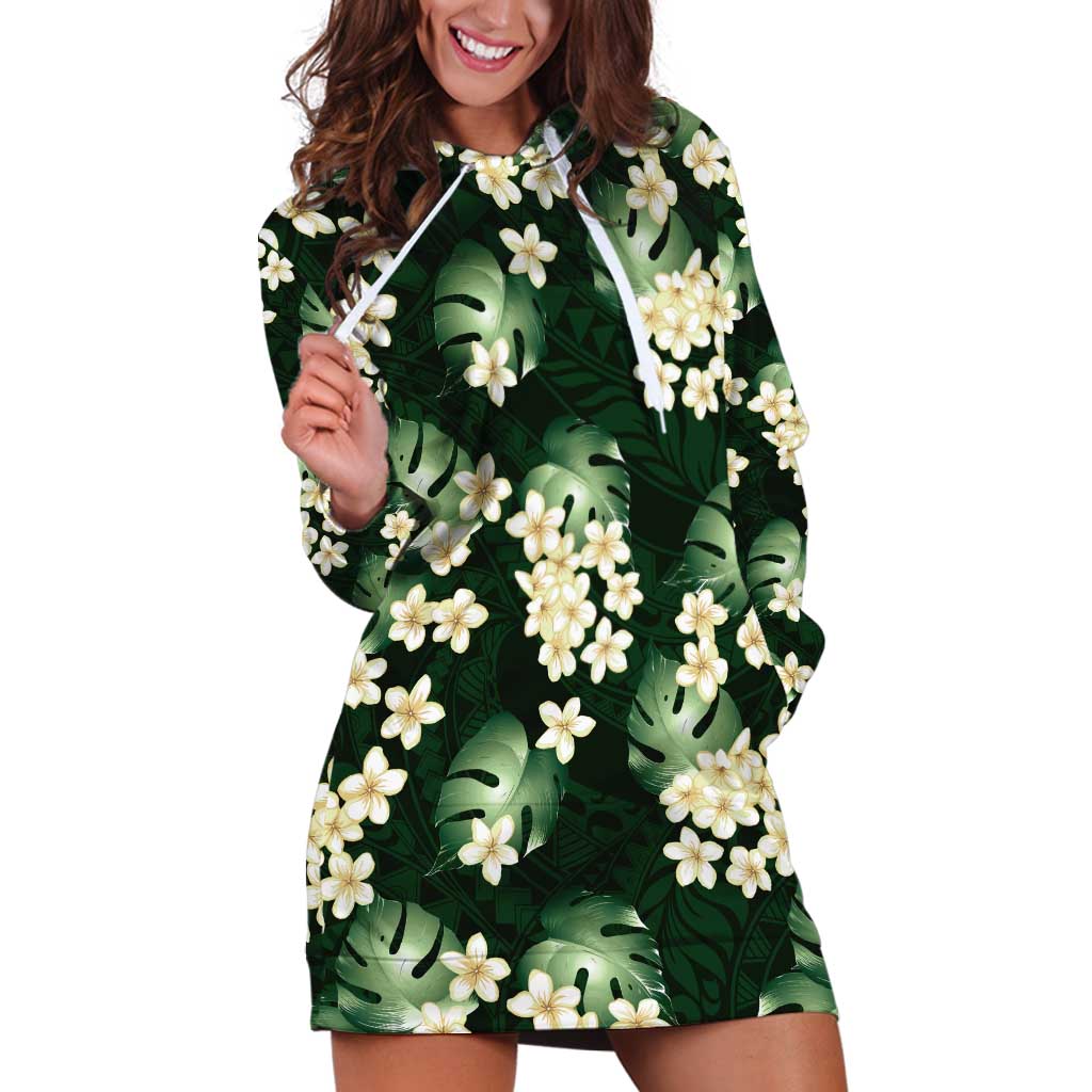 Green Tropical Hawaii Hoodie Dress Seamless Monstera Plumeria Hawaiian Pattern - Polynesian Pride