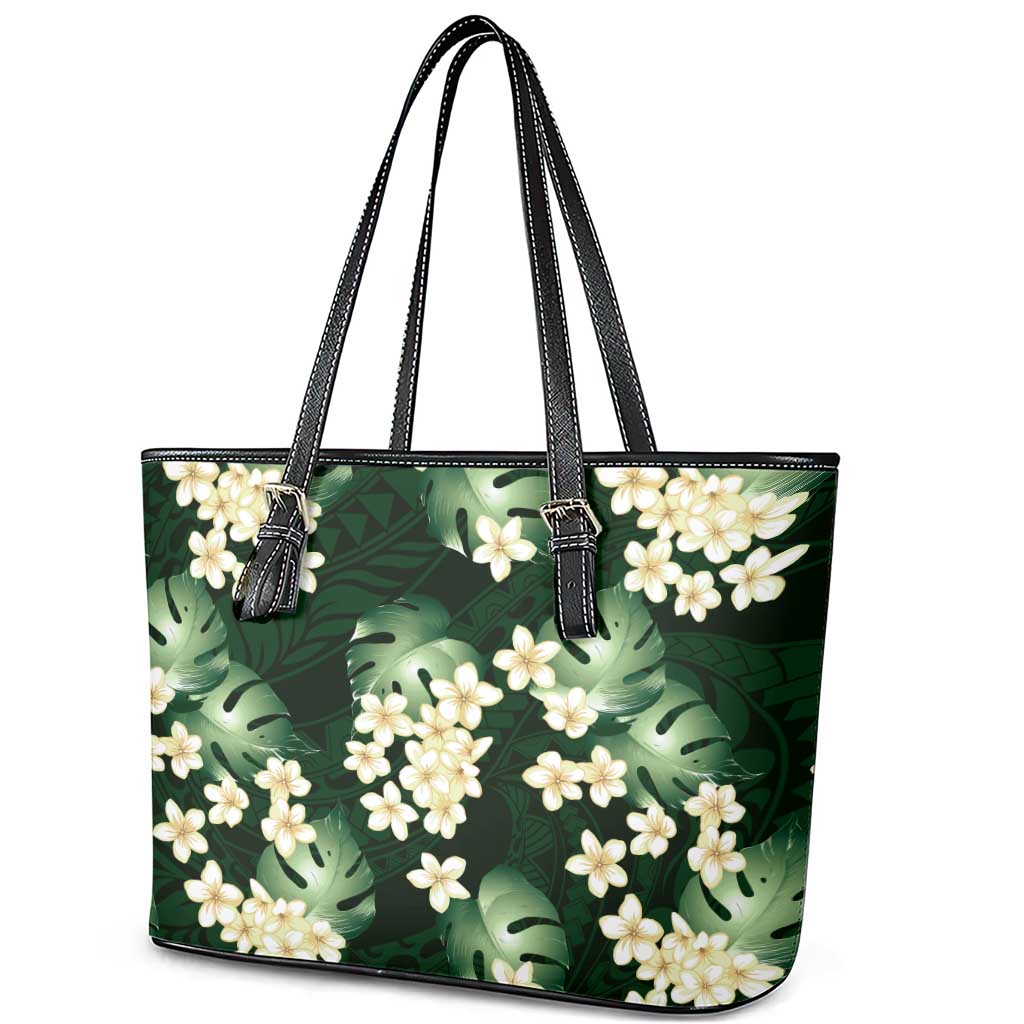 Green Tropical Hawaii Leather Tote Bag Seamless Monstera Plumeria Hawaiian Pattern - Polynesian Pride