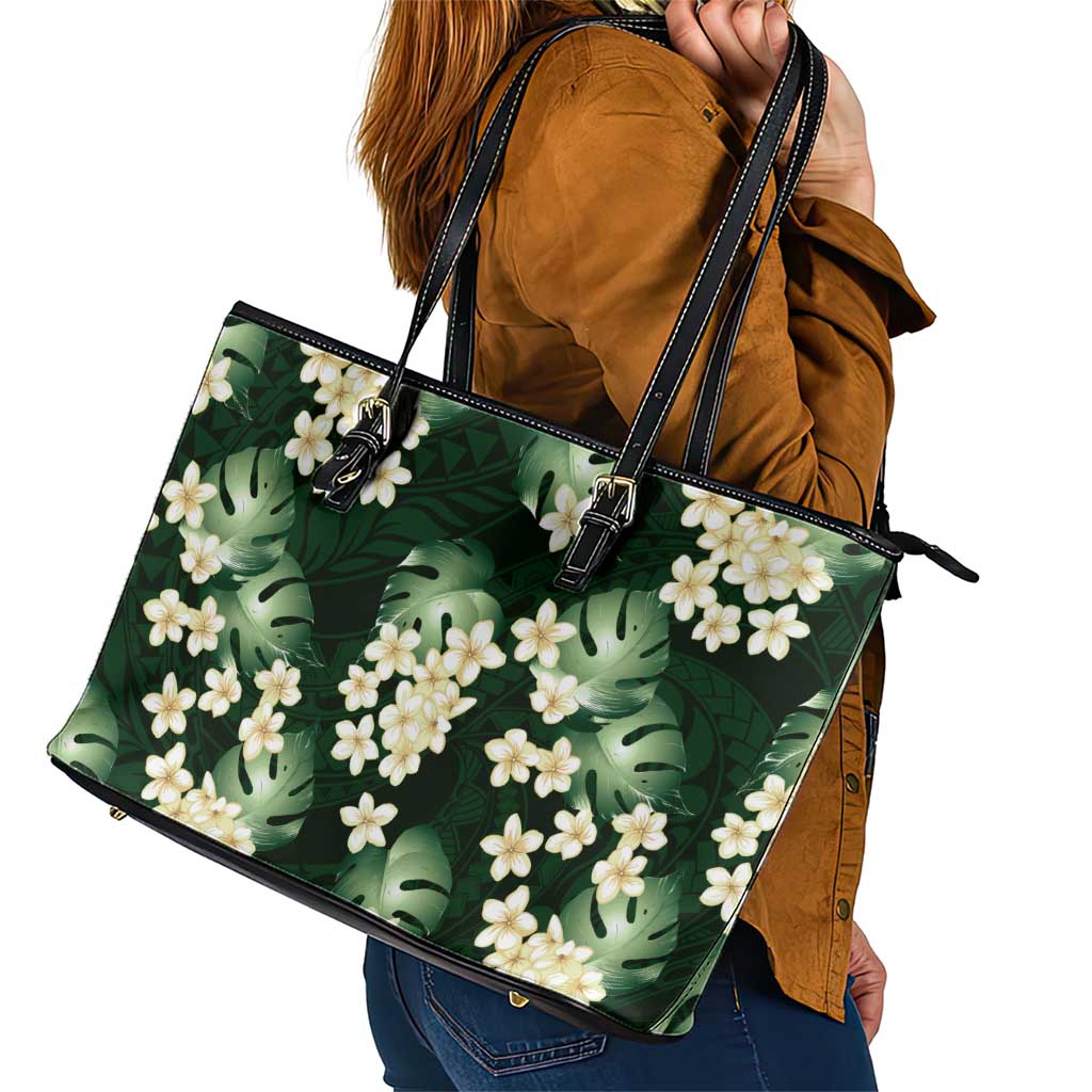 Green Tropical Hawaii Leather Tote Bag Seamless Monstera Plumeria Hawaiian Pattern - Polynesian Pride