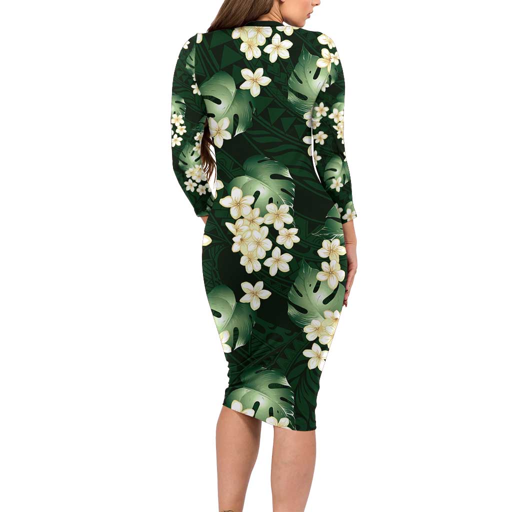 Green Tropical Hawaii Long Sleeve Bodycon Dress Seamless Monstera Plumeria Hawaiian Pattern - Polynesian Pride