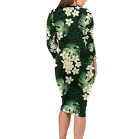 Green Tropical Hawaii Long Sleeve Bodycon Dress Seamless Monstera Plumeria Hawaiian Pattern - Polynesian Pride