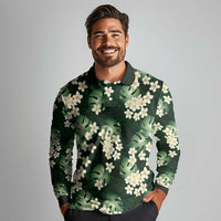 Green Tropical Hawaii Long Sleeve Polo Shirt Seamless Monstera Plumeria Hawaiian Pattern - Polynesian Pride
