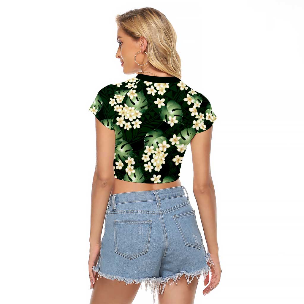 Green Tropical Hawaii Raglan Cropped T Shirt Seamless Monstera Plumeria Hawaiian Pattern - Polynesian Pride