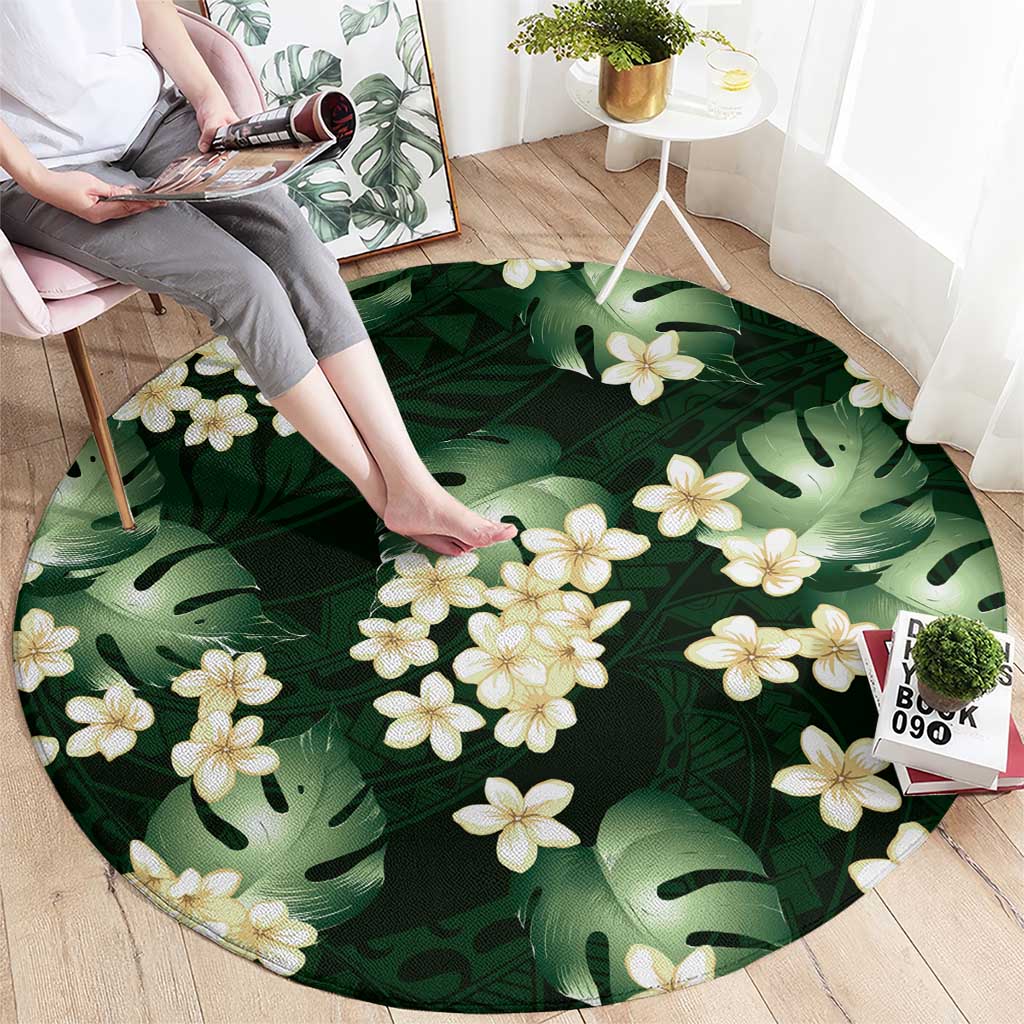 Green Tropical Hawaii Round Carpet Seamless Monstera Plumeria Hawaiian Pattern - Polynesian Pride