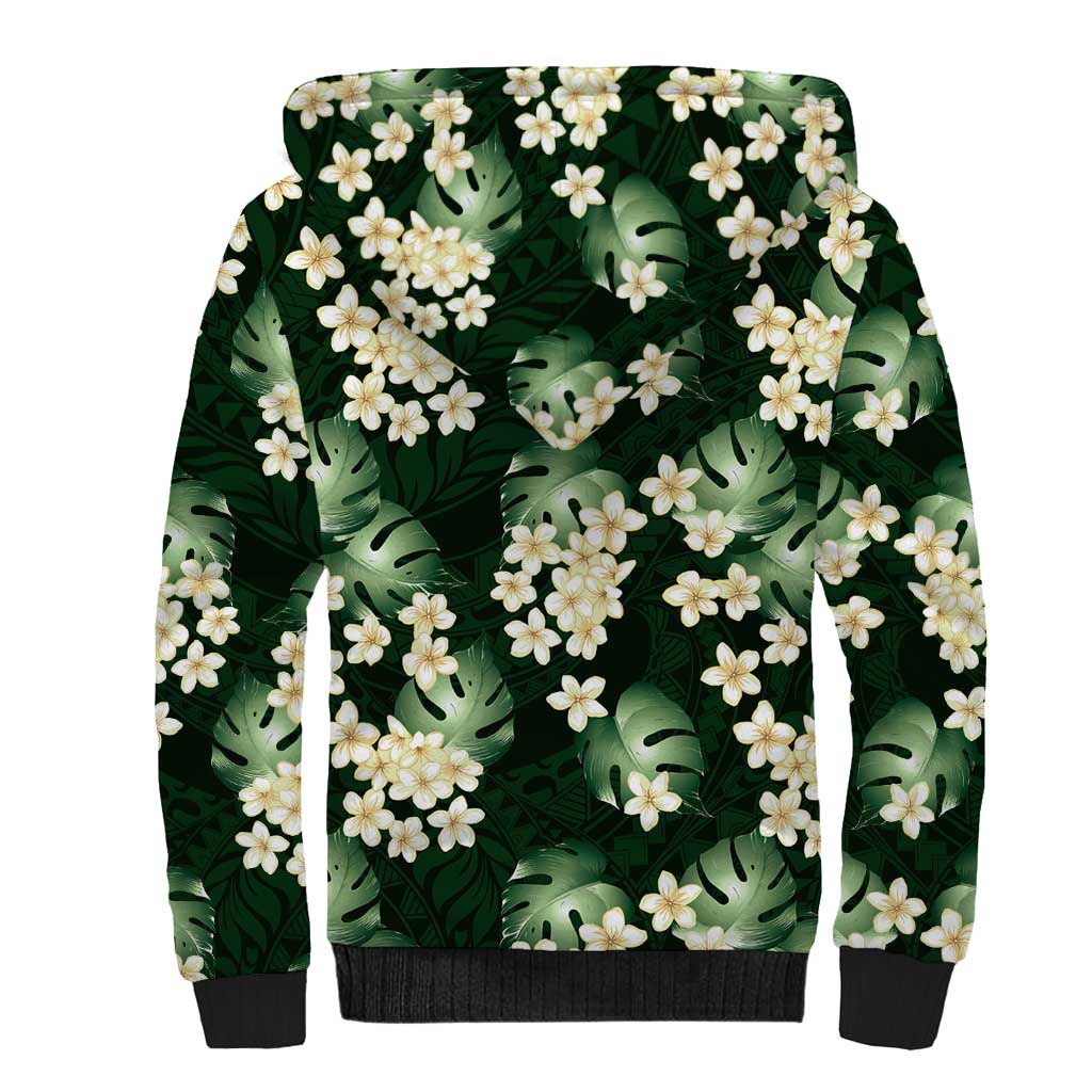 Green Tropical Hawaii Sherpa Hoodie Seamless Monstera Plumeria Hawaiian Pattern - Polynesian Pride
