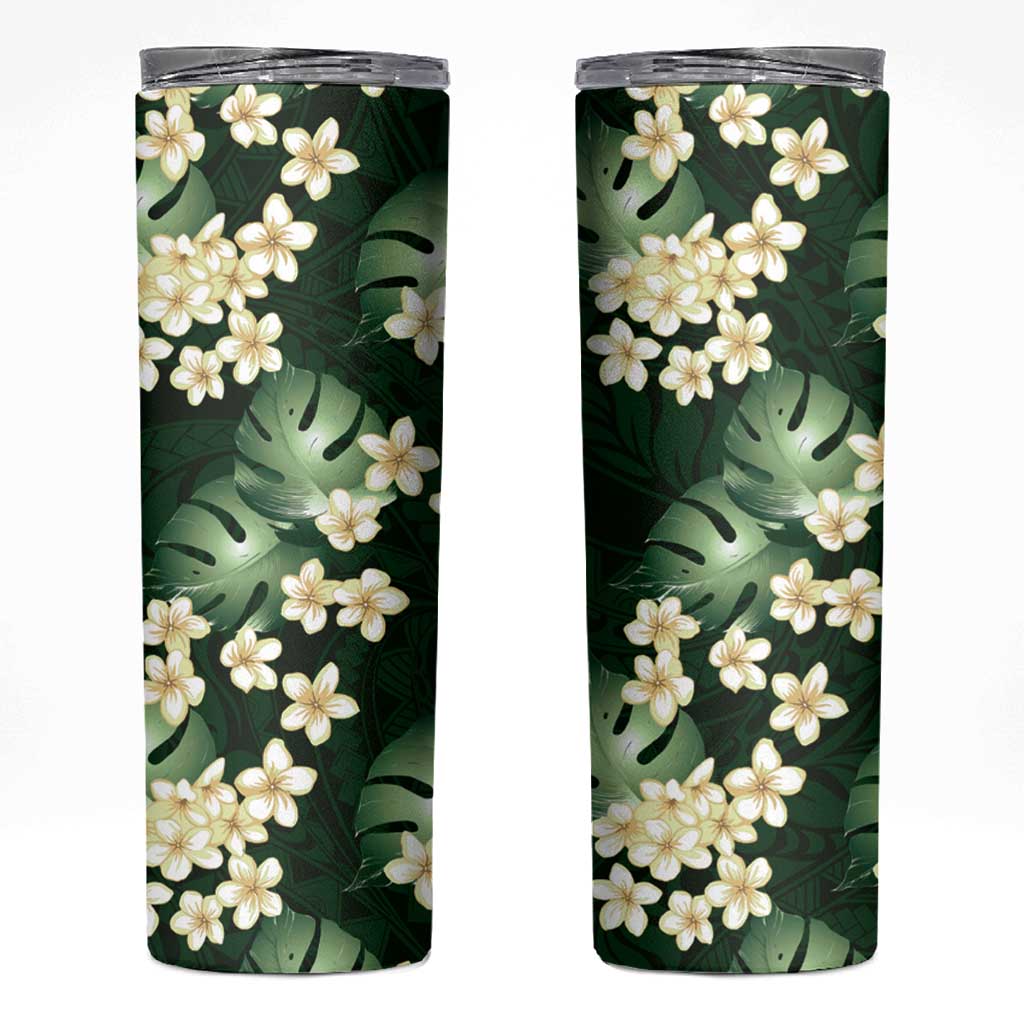 Green Tropical Hawaii Skinny Tumbler Seamless Monstera Plumeria Hawaiian Pattern - Polynesian Pride