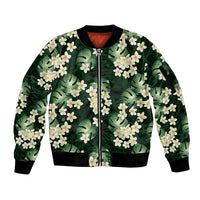 Green Tropical Hawaii Sleeve Zip Bomber Jacket Seamless Monstera Plumeria Hawaiian Pattern - Polynesian Pride