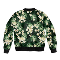 Green Tropical Hawaii Sleeve Zip Bomber Jacket Seamless Monstera Plumeria Hawaiian Pattern - Polynesian Pride