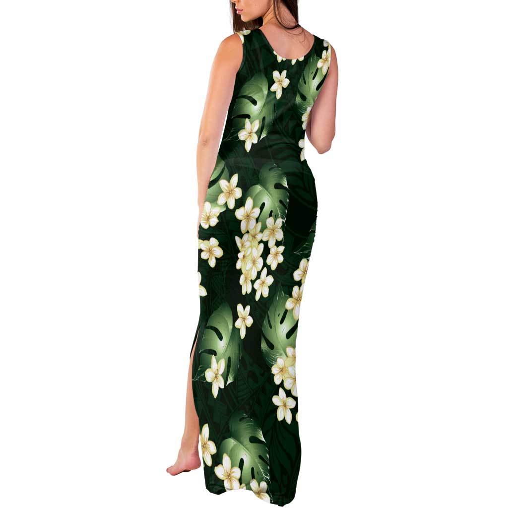 Green Tropical Hawaii Tank Maxi Dress Seamless Monstera Plumeria Hawaiian Pattern - Polynesian Pride