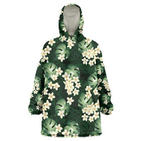 Green Tropical Hawaii Wearable Blanket Hoodie Seamless Monstera Plumeria Hawaiian Pattern - Polynesian Pride