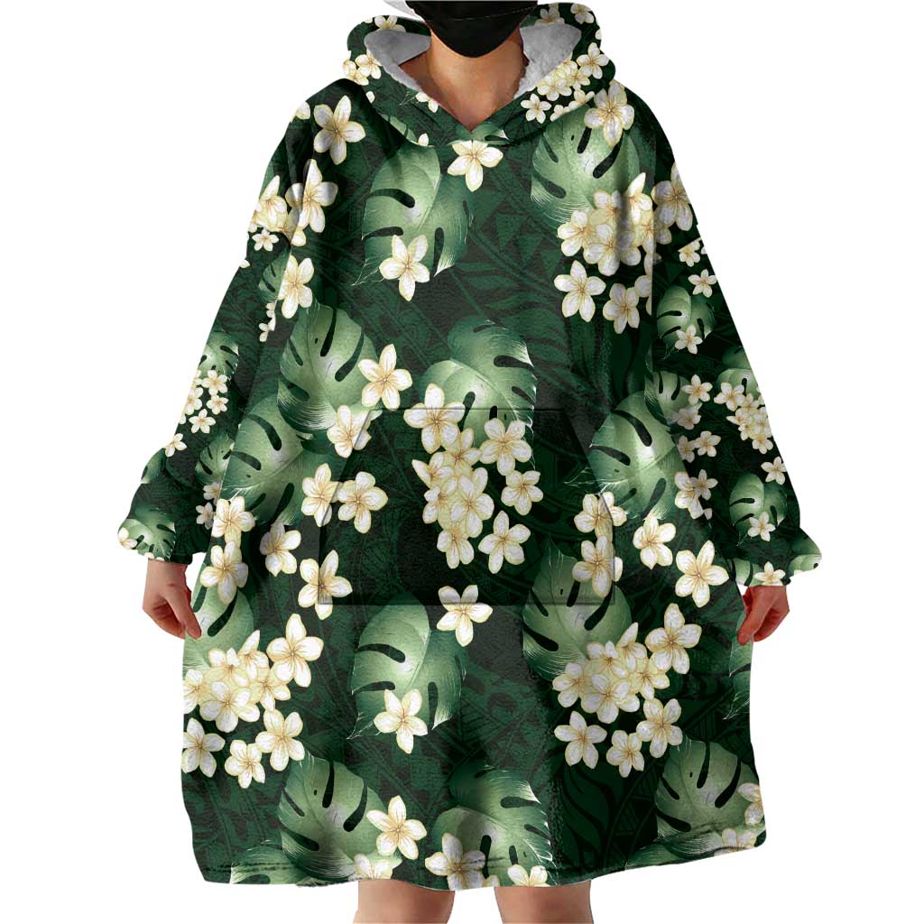 Green Tropical Hawaii Wearable Blanket Hoodie Seamless Monstera Plumeria Hawaiian Pattern - Polynesian Pride