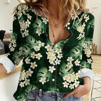 Green Tropical Hawaii Women Casual Shirt Seamless Monstera Plumeria Hawaiian Pattern - Polynesian Pride