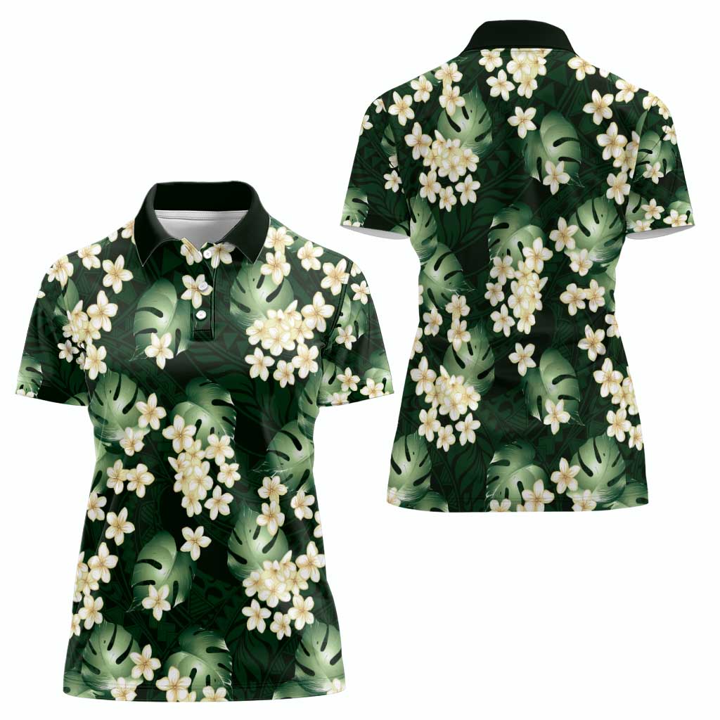 Green Tropical Hawaii Women Polo Shirt Seamless Monstera Plumeria Hawaiian Pattern - Polynesian Pride