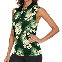 Green Tropical Hawaii Women Sleeveless Polo Shirt Seamless Monstera Plumeria Hawaiian Pattern - Polynesian Pride