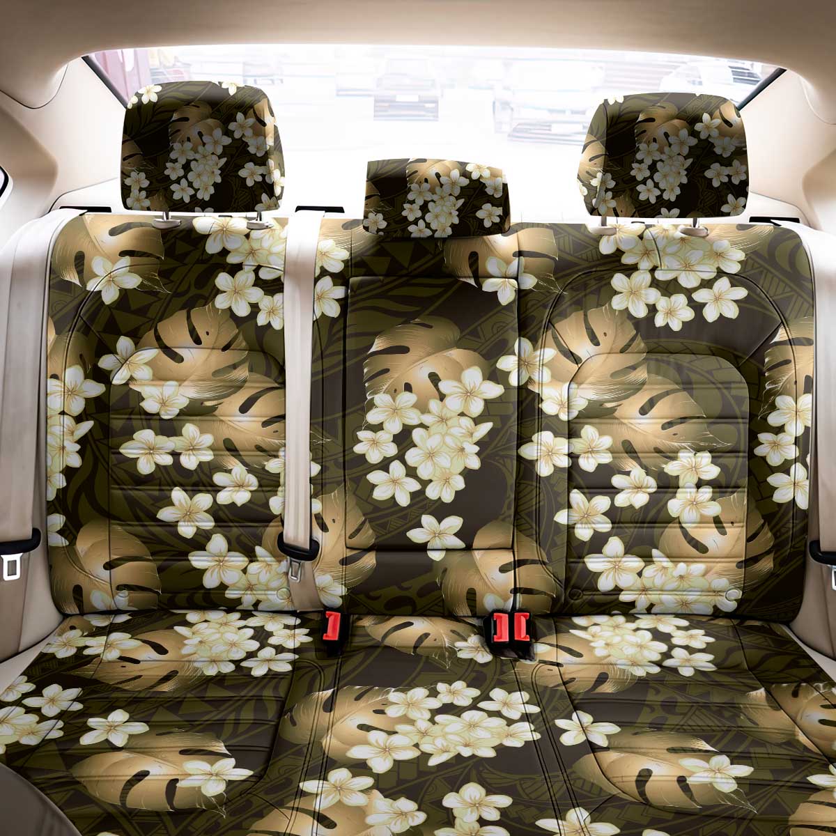 Gold Tropical Hawaii Back Car Seat Cover Seamless Monstera Plumeria Hawaiian Pattern - Polynesian Pride