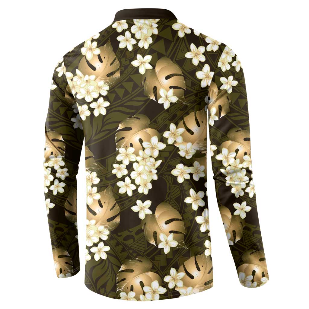 Gold Tropical Hawaii Button Sweatshirt Seamless Monstera Plumeria Hawaiian Pattern - Polynesian Pride