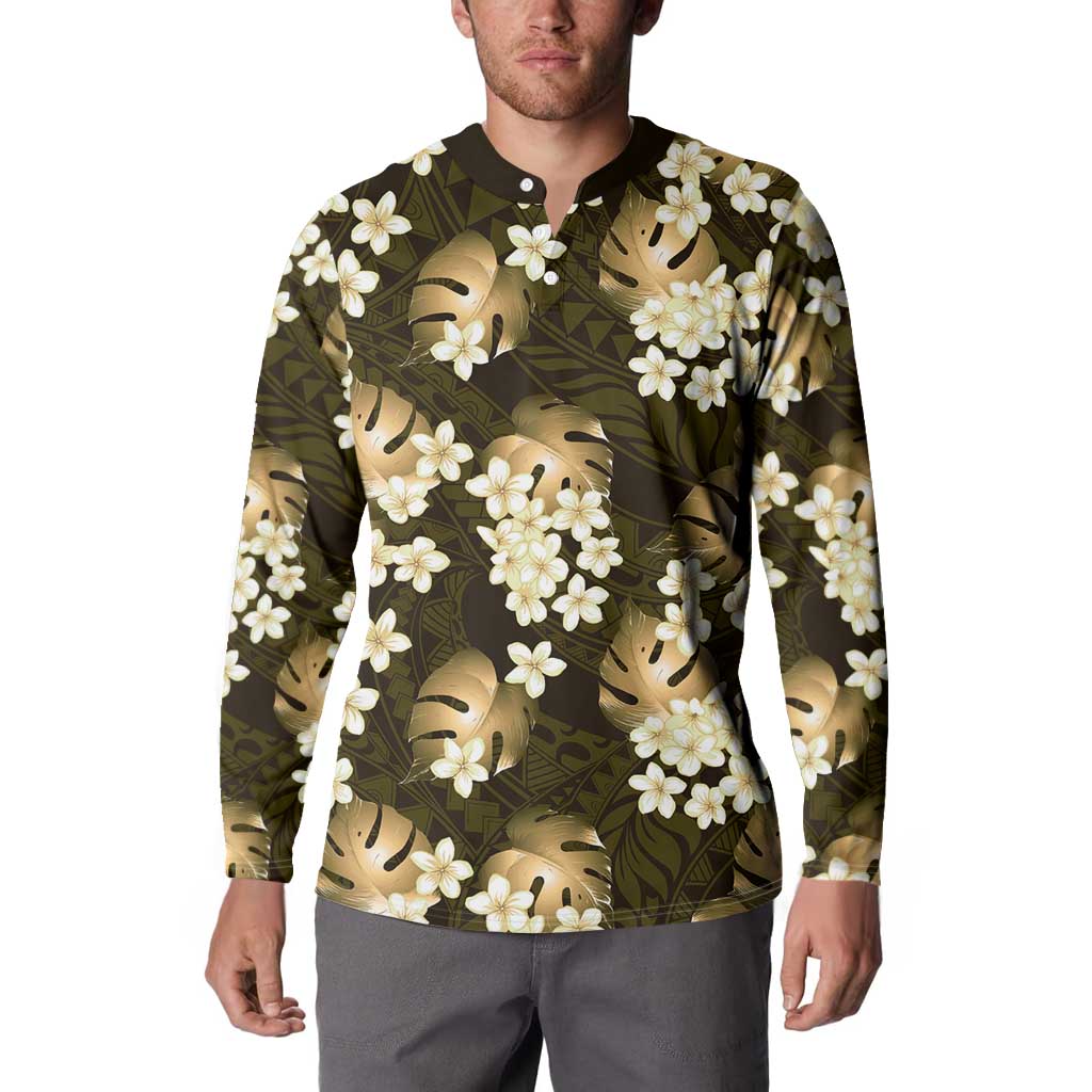 Gold Tropical Hawaii Button Sweatshirt Seamless Monstera Plumeria Hawaiian Pattern - Polynesian Pride