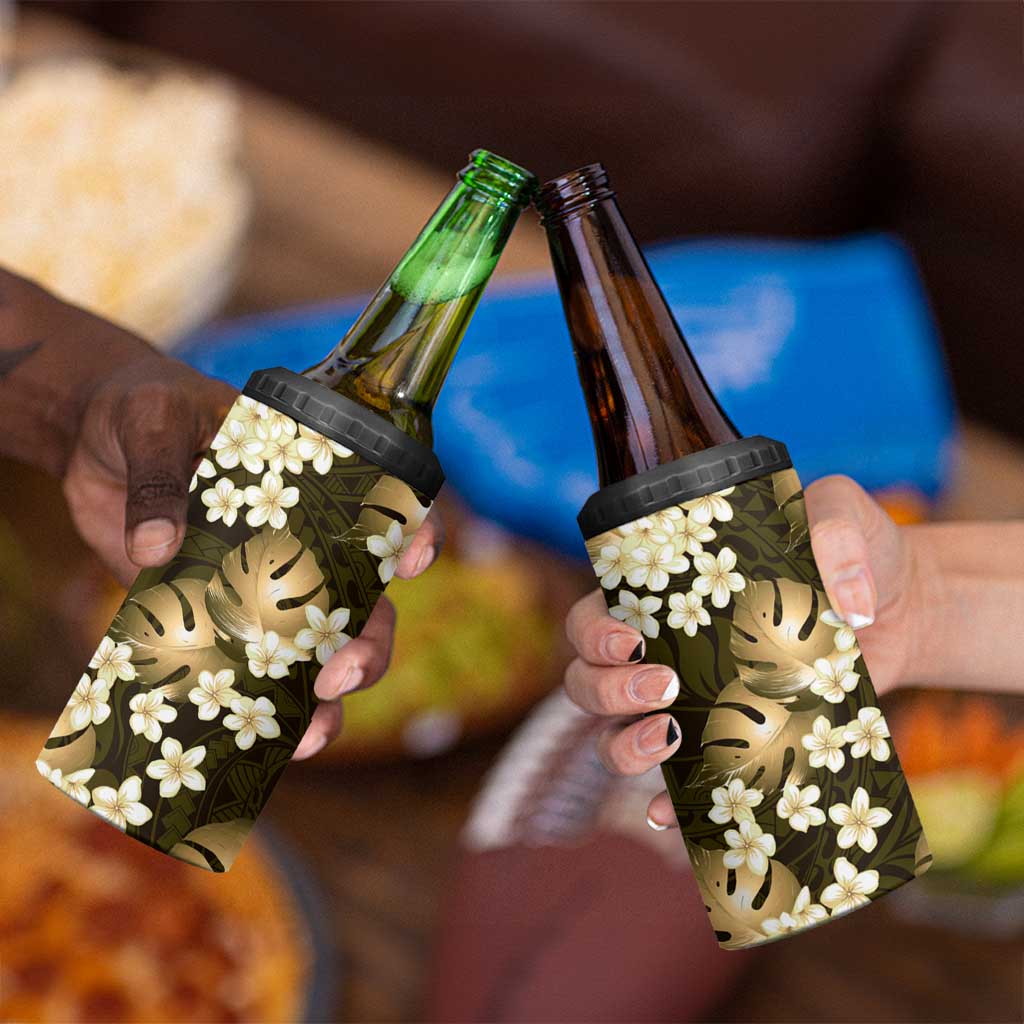 Gold Tropical Hawaii 4 in 1 Can Cooler Tumbler Seamless Monstera Plumeria Hawaiian Pattern - Polynesian Pride