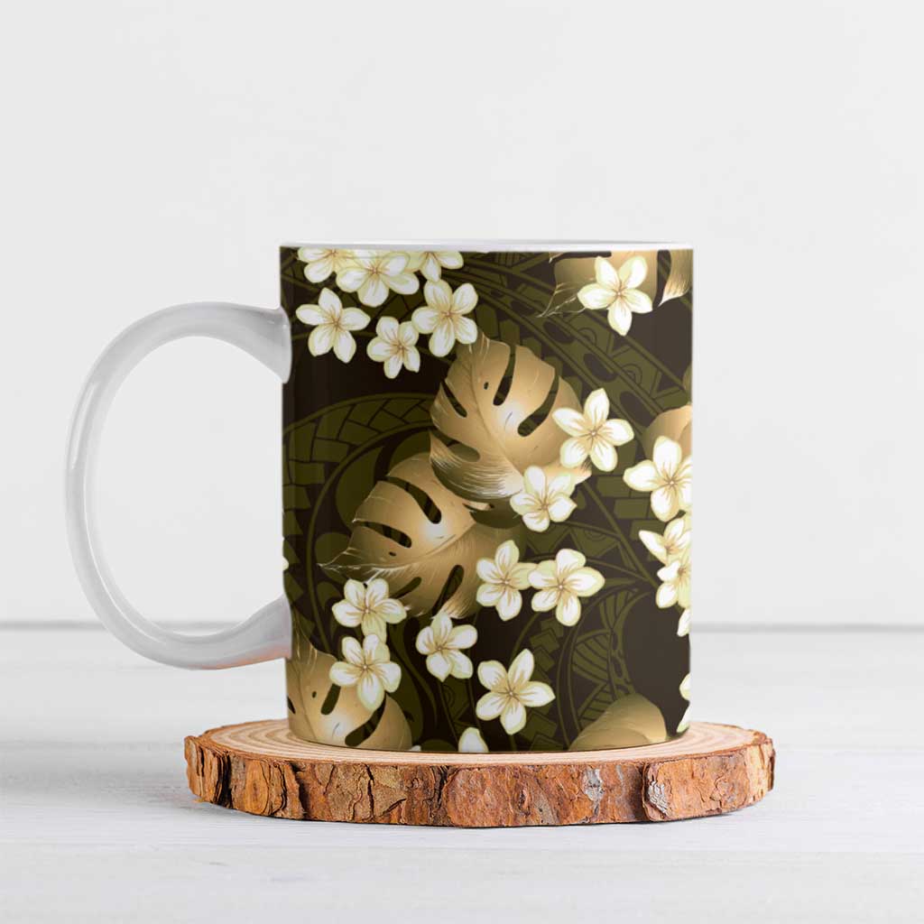 Gold Tropical Hawaii Ceramic Mug Seamless Monstera Plumeria Hawaiian Pattern - Polynesian Pride