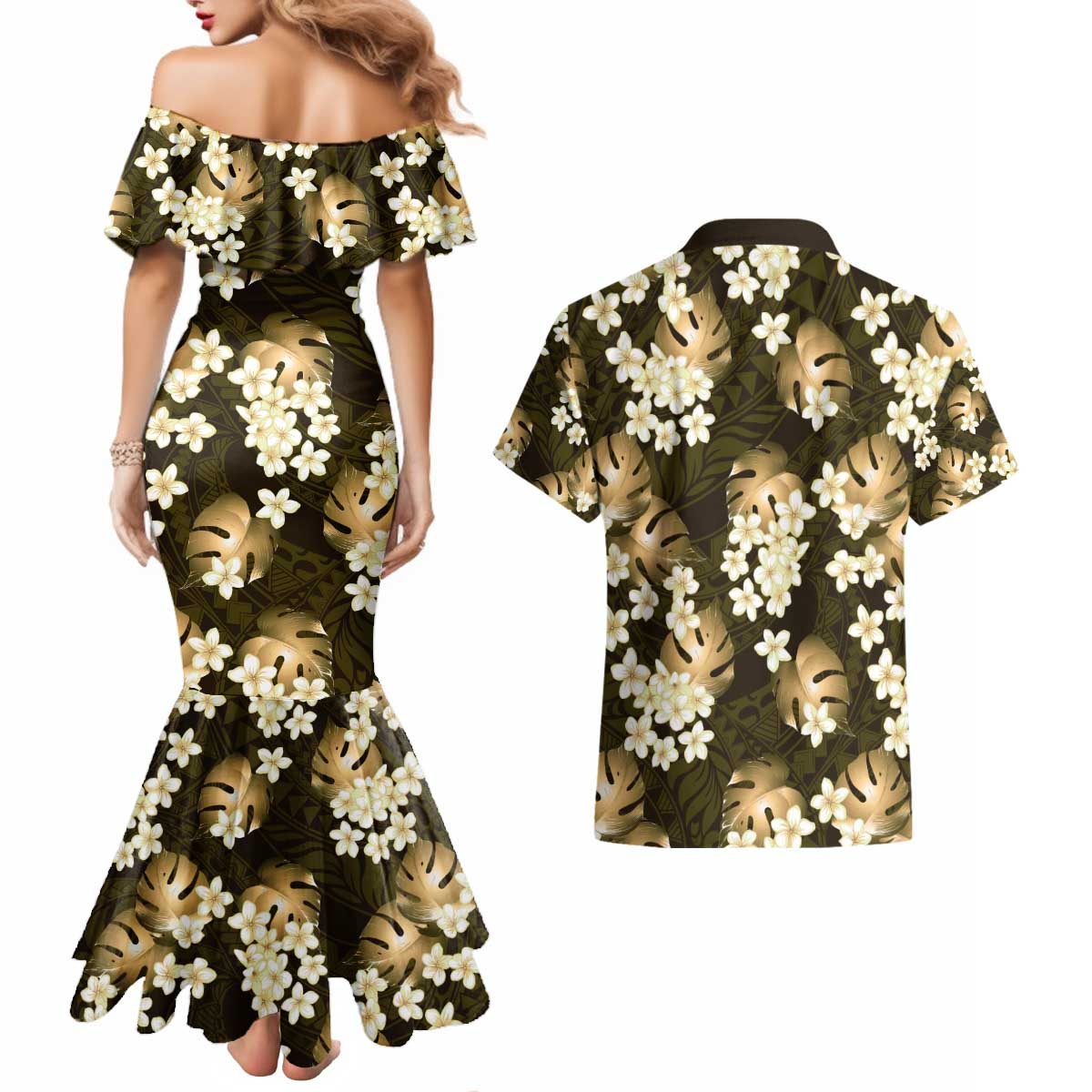 Gold Tropical Hawaii Couples Matching Mermaid Dress and Hawaiian Shirt Seamless Monstera Plumeria Hawaiian Pattern - Polynesian Pride