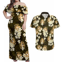 Gold Tropical Hawaii Couples Matching Off Shoulder Maxi Dress and Hawaiian Shirt Seamless Monstera Plumeria Hawaiian Pattern - Polynesian Pride