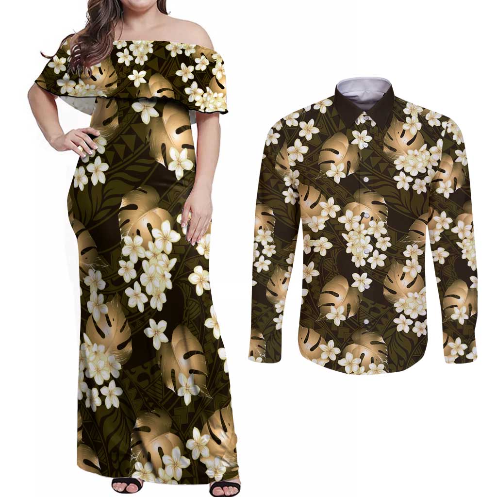 Gold Tropical Hawaii Couples Matching Off Shoulder Maxi Dress and Long Sleeve Button Shirt Seamless Monstera Plumeria Hawaiian Pattern - Polynesian Pride