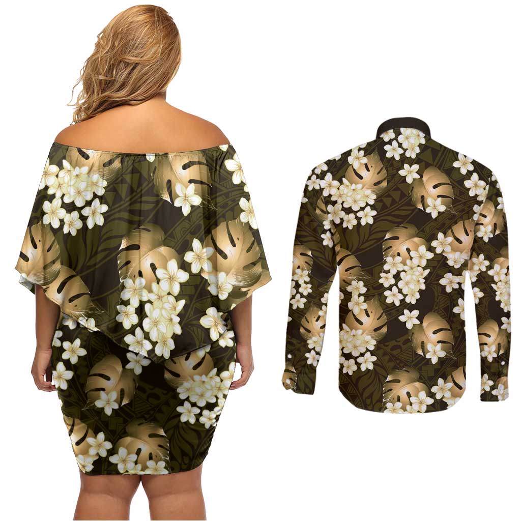 Gold Tropical Hawaii Couples Matching Off Shoulder Short Dress and Long Sleeve Button Shirt Seamless Monstera Plumeria Hawaiian Pattern - Polynesian Pride