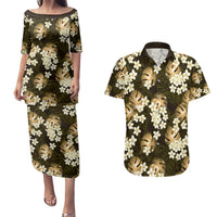 Gold Tropical Hawaii Couples Matching Puletasi and Hawaiian Shirt Seamless Monstera Plumeria Hawaiian Pattern - Polynesian Pride