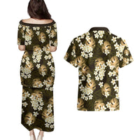Gold Tropical Hawaii Couples Matching Puletasi and Hawaiian Shirt Seamless Monstera Plumeria Hawaiian Pattern - Polynesian Pride