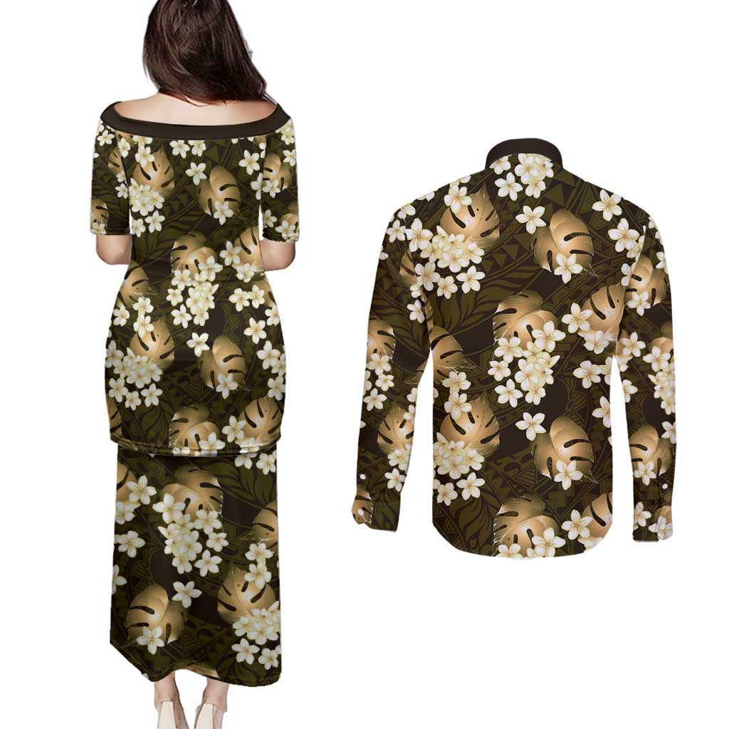 Gold Tropical Hawaii Couples Matching Puletasi and Long Sleeve Button Shirt Seamless Monstera Plumeria Hawaiian Pattern - Polynesian Pride