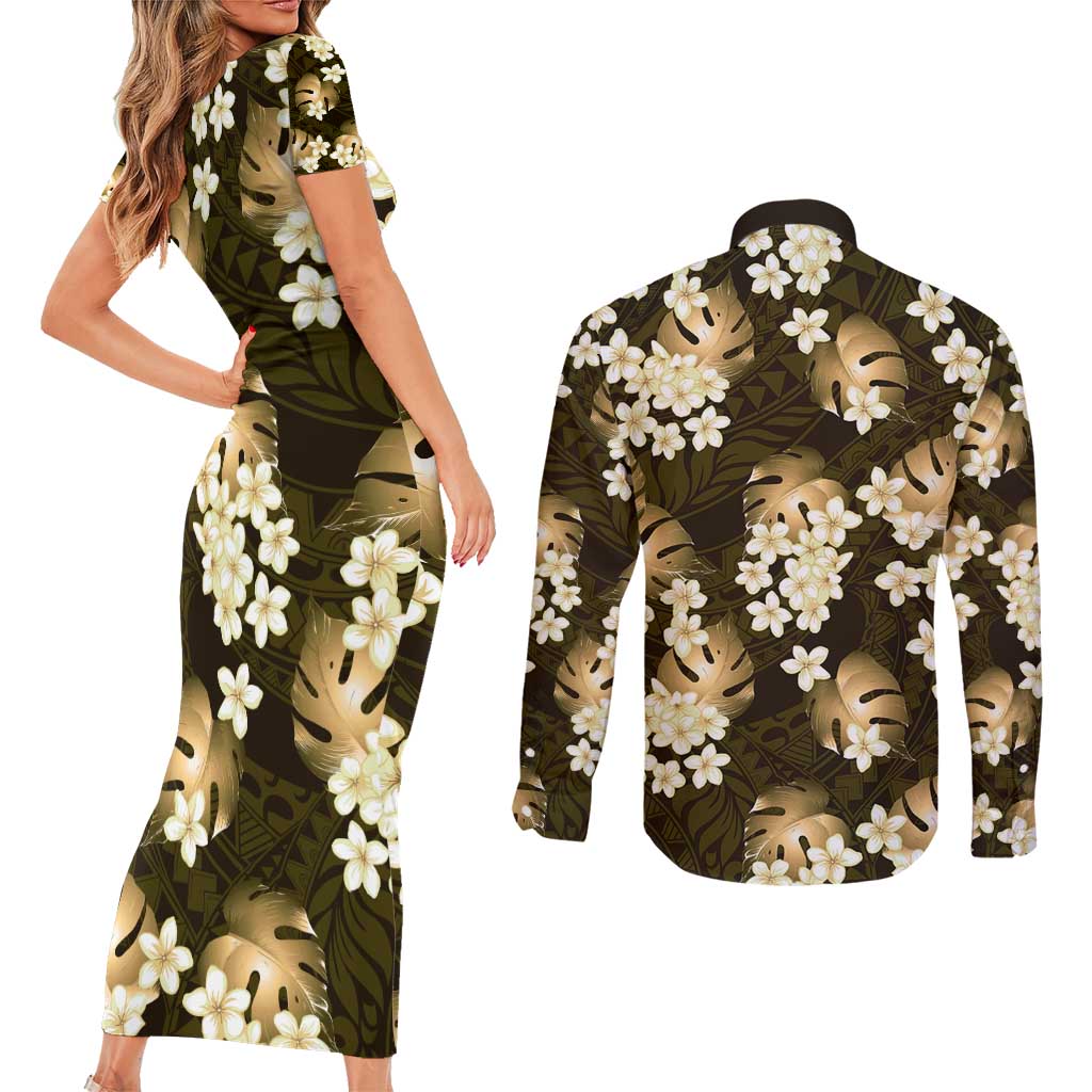 Gold Tropical Hawaii Couples Matching Short Sleeve Bodycon Dress and Long Sleeve Button Shirt Seamless Monstera Plumeria Hawaiian Pattern - Polynesian Pride