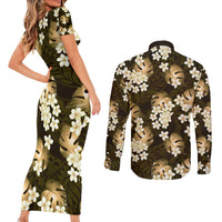 Gold Tropical Hawaii Couples Matching Short Sleeve Bodycon Dress and Long Sleeve Button Shirt Seamless Monstera Plumeria Hawaiian Pattern - Polynesian Pride