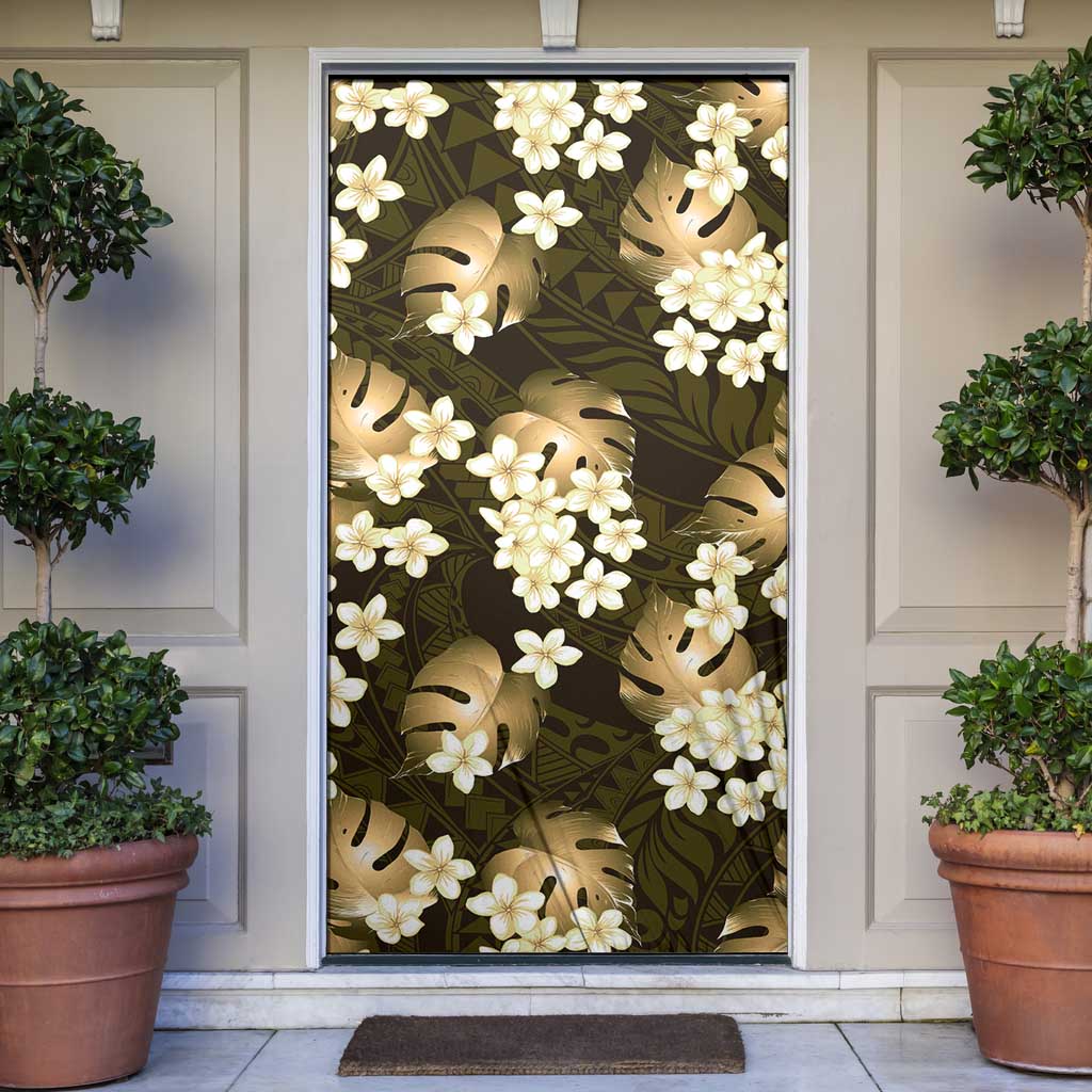 Gold Tropical Hawaii Door Cover Seamless Monstera Plumeria Hawaiian Pattern - Polynesian Pride