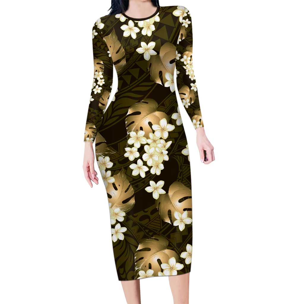 Gold Tropical Hawaii Family Matching Long Sleeve Bodycon Dress and Hawaiian Shirt Seamless Monstera Plumeria Hawaiian Pattern - Polynesian Pride
