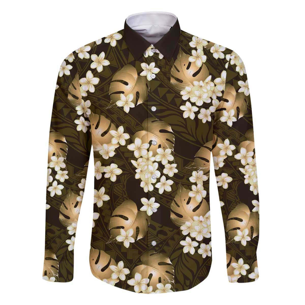 Gold Tropical Hawaii Family Matching Off The Shoulder Long Sleeve Dress and Hawaiian Shirt Seamless Monstera Plumeria Hawaiian Pattern - Polynesian Pride