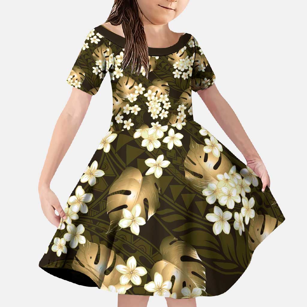 Gold Tropical Hawaii Family Matching Off Shoulder Maxi Dress and Hawaiian Shirt Seamless Monstera Plumeria Hawaiian Pattern - Polynesian Pride