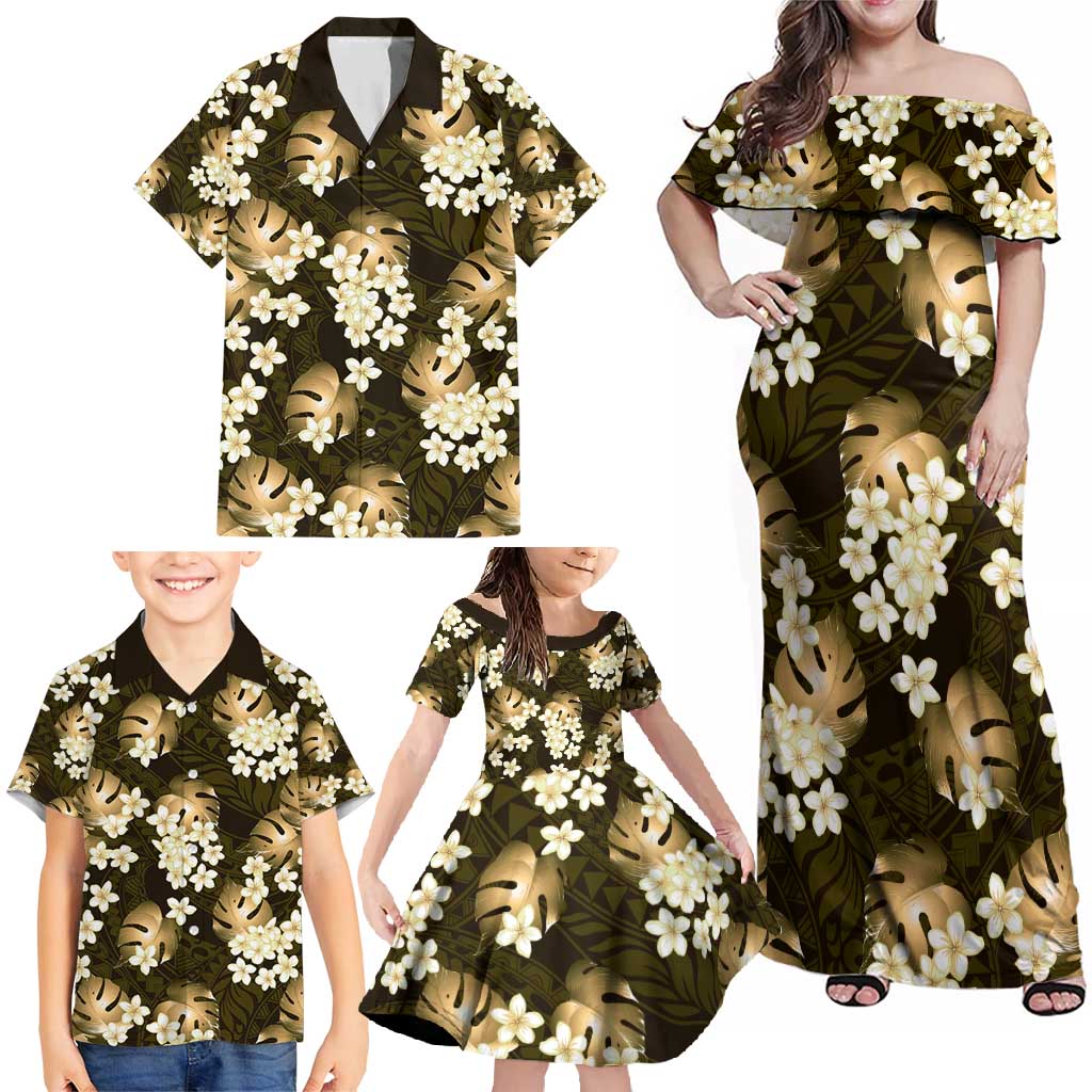 Gold Tropical Hawaii Family Matching Off Shoulder Maxi Dress and Hawaiian Shirt Seamless Monstera Plumeria Hawaiian Pattern - Polynesian Pride