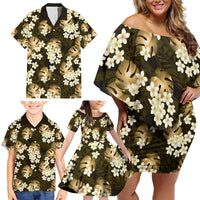 Gold Tropical Hawaii Family Matching Off Shoulder Short Dress and Hawaiian Shirt Seamless Monstera Plumeria Hawaiian Pattern - Polynesian Pride