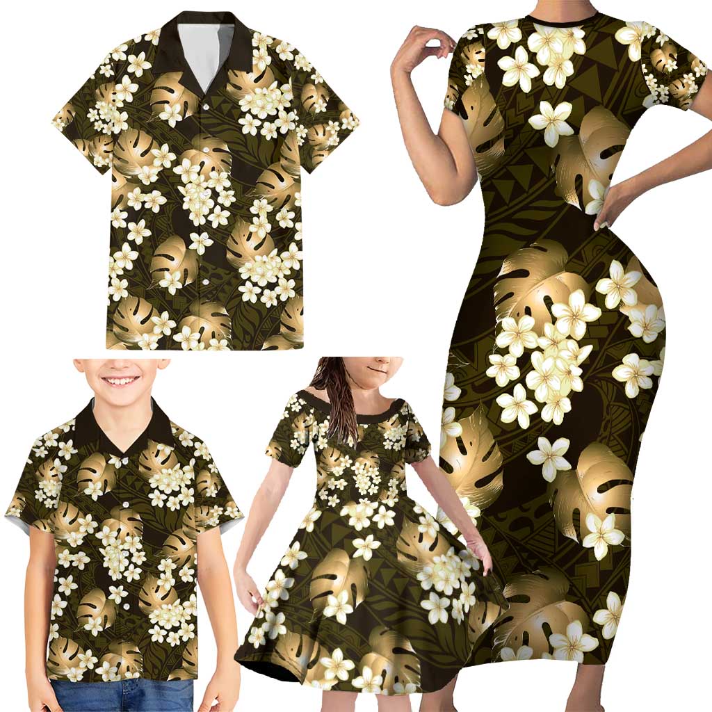 Gold Tropical Hawaii Family Matching Short Sleeve Bodycon Dress and Hawaiian Shirt Seamless Monstera Plumeria Hawaiian Pattern - Polynesian Pride