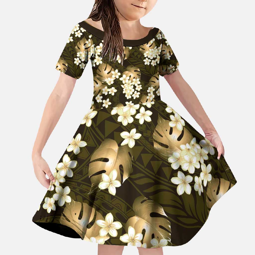 Gold Tropical Hawaii Family Matching Summer Maxi Dress and Hawaiian Shirt Seamless Monstera Plumeria Hawaiian Pattern - Polynesian Pride