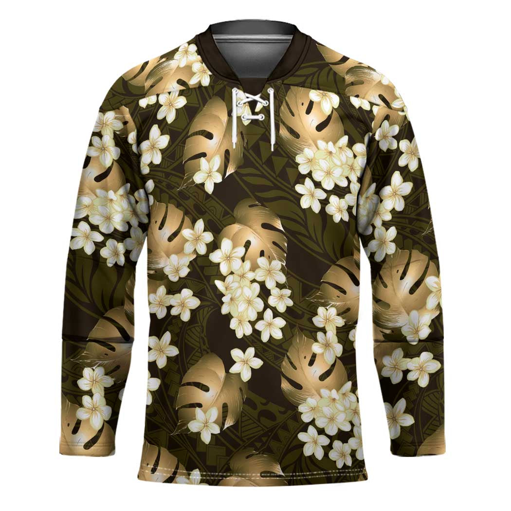 Gold Tropical Hawaii Hockey Jersey Seamless Monstera Plumeria Hawaiian Pattern - Polynesian Pride