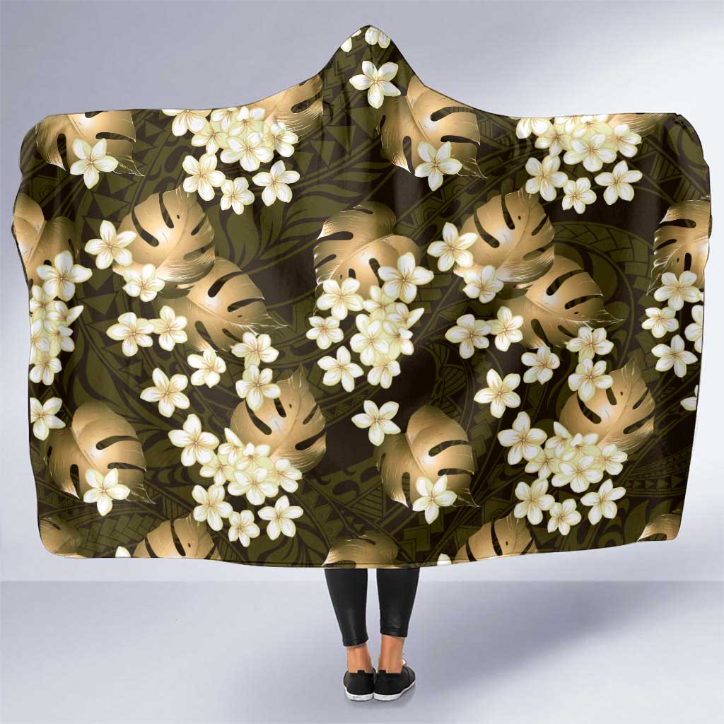 Gold Tropical Hawaii Hooded Blanket Seamless Monstera Plumeria Hawaiian Pattern LT14 One Size Gold - Polynesian Pride