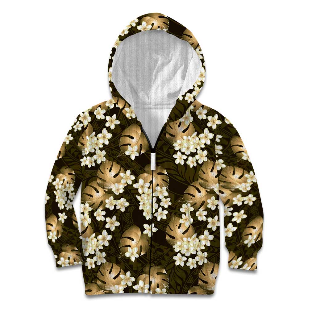 Gold Tropical Hawaii Kid Hoodie Seamless Monstera Plumeria Hawaiian Pattern LT14 Zip Hoodie Gold - Polynesian Pride
