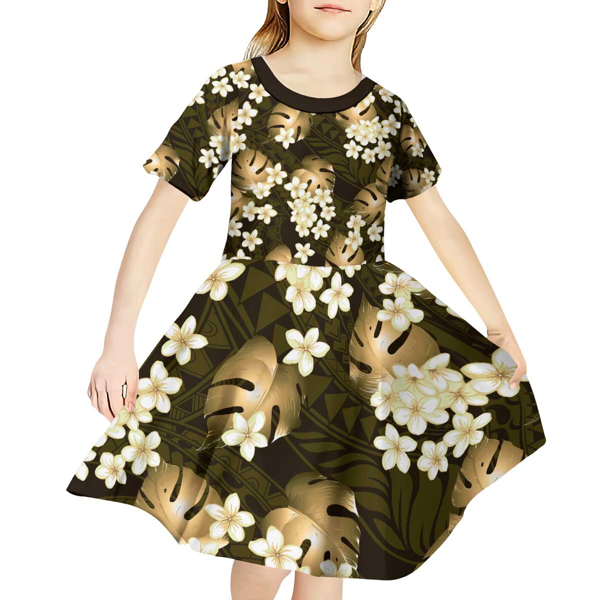 Gold Tropical Hawaii Kid Short Sleeve Dress Seamless Monstera Plumeria Hawaiian Pattern - Polynesian Pride