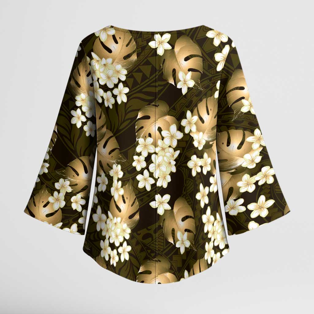 Gold Tropical Hawaii Kimono Sleeve Blouse Seamless Monstera Plumeria Hawaiian Pattern - Polynesian Pride